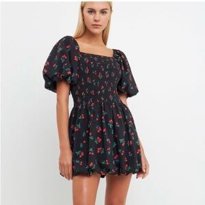 English Factory black Cherry Print puff sleeve smocked Mini Dress Large
